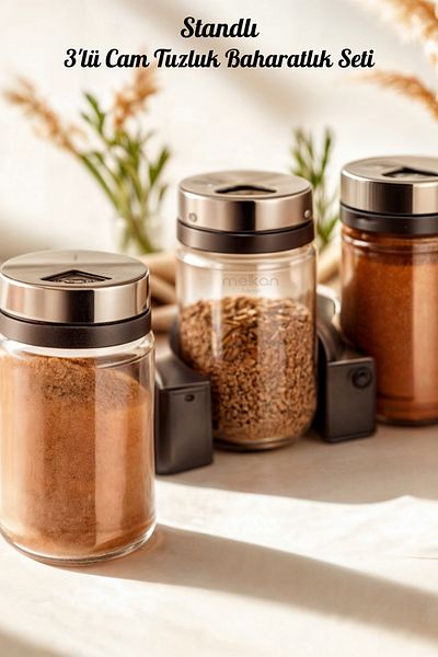 Melkan Home 3-Piece Glass Salt Shaker Pepper Shaker - Multi-Purpose Spice Holder with Stand