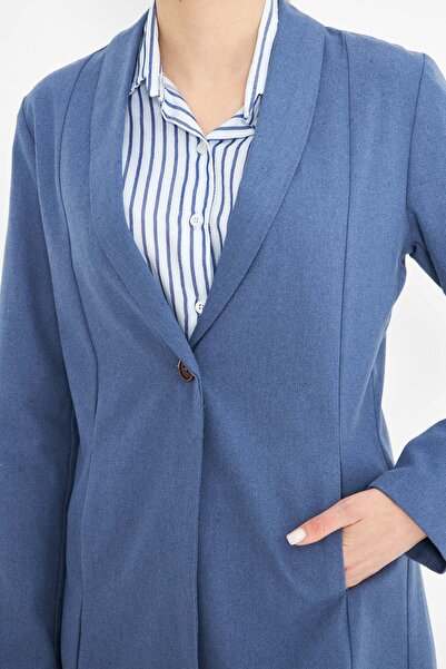 armonika Jachetă pentru femei, albastru închis, cu guler șal, cu un singur nasture, cu buzunar adunat în talie ARM-25K 001031