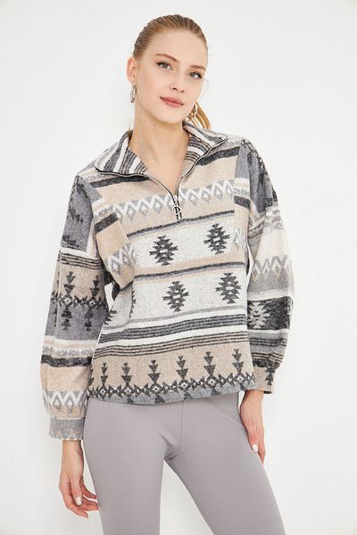 armonika Light Beige Women's High Top Sweatshirt with Zipper - Arm-25K 001056