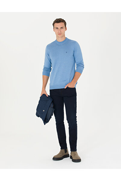 Pierre Cardin Mavi Melanj Slim Fit Çeyrek Yaka Basic Triko Kazak 50276534-VR113