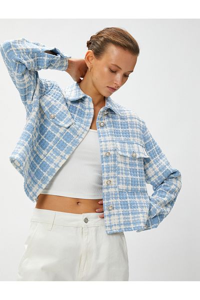 Koton Crop Tweed Jacket with Pearl Buttons and Pocket Detail