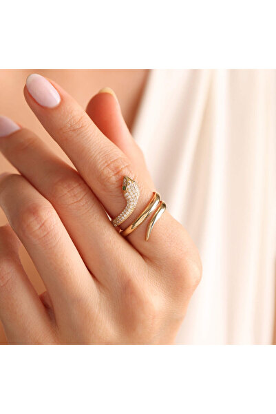 Sembol Gold 14 Ayar Altın Yılan Yüzük Emerald