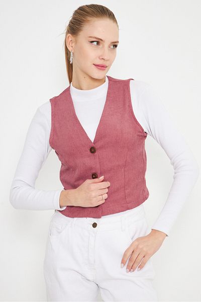 armonika Women's Dusty Rose V-Neck Slim Corduroy Vest Arm-25K 001008
