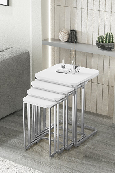 FAYMEND Tekerlekli 4 Lü Zigon Sehpa - Yan Sehpa ( Gümüş- Mat Beyaz) Mdf