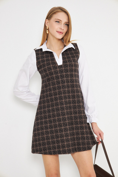 armonika Women's Mink Shirt Collar Long Sleeve Mini Dress Arm-25K 001050