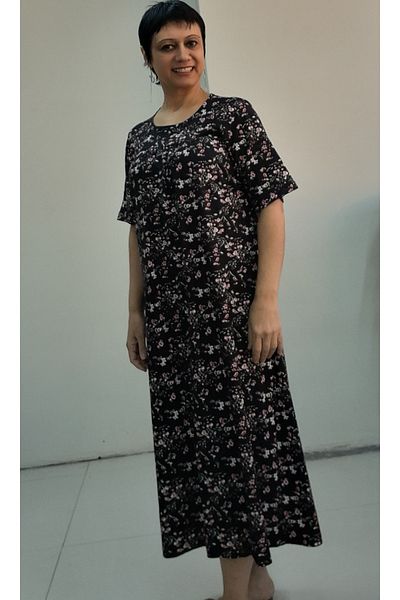 Mertcan Butik Φόρεμα με κοντό μανίκι από χτενισμένο βισκόζη με κομμένο μπροστινό πίσω μέρος από ρόμπα μαύρο λουλουδάτο