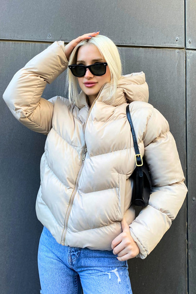 Madmext Stone Color Hooded Slim Fit Puffer Women's Coat Mg1956