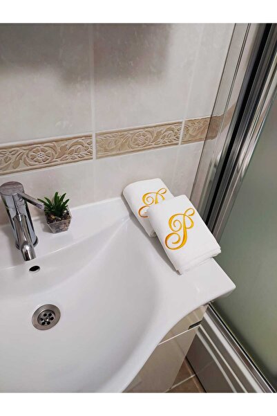 Butik Kişiye Özel Hediye, Baş Harf İşlemeli El Havluları, 30cmX50cm - Altın İ...