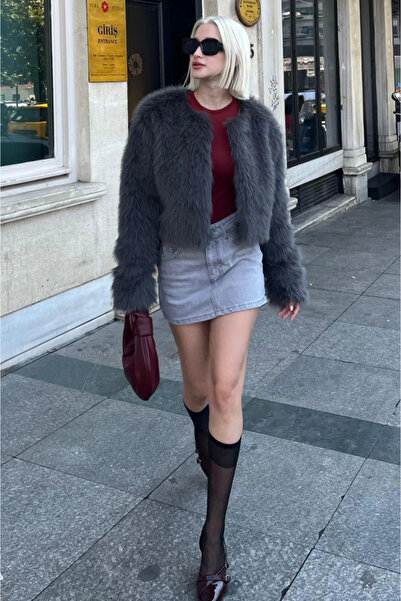 Madmext Crew Neck Anthracite Women's Faux Fur Coat - Mg2176