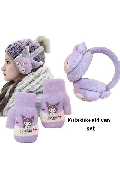 ÇEÇEN HOME طقم قفازات + قفازات من القطيفة من Sweet Kuromi للخريف والشتاء، غطاء للأذنين دافئ مقاوم للرياح