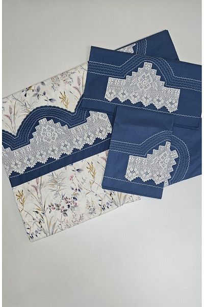 ZESA HOME Комплект завивка индиго - ръчно изработена дантела, с бордюр и шарки