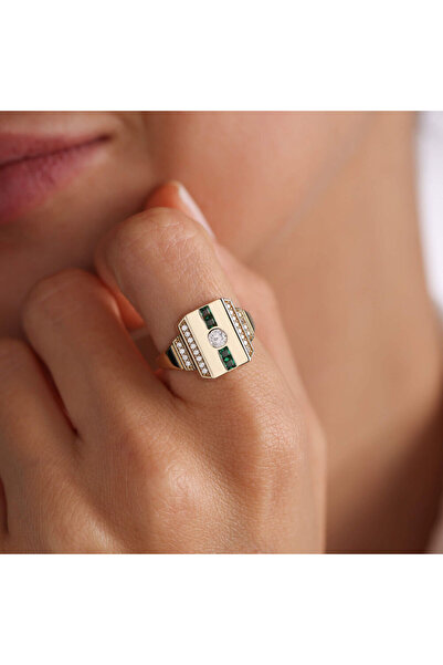 Sembol Gold Altın Şövalye Yüzük Zümrüt Taşlı