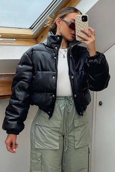 Madmext Černý dámský Crop Basic Leather Coat Mg1380
