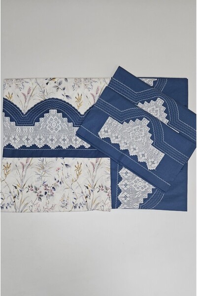 ZESA HOME طقم غطاء لحاف نيلي - مصنوع يدويًا من الدانتيل والحدود والنقوش