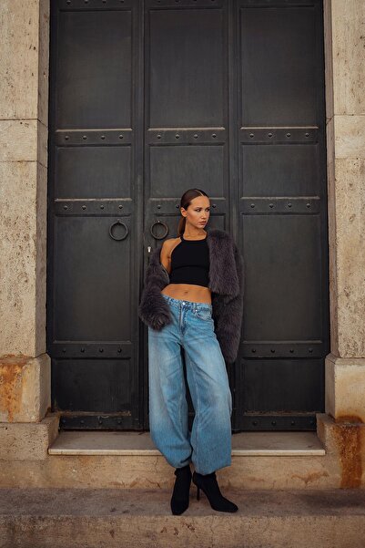 Madmext Crew Neck Anthracite Women's Faux Fur Coat - Mg2176