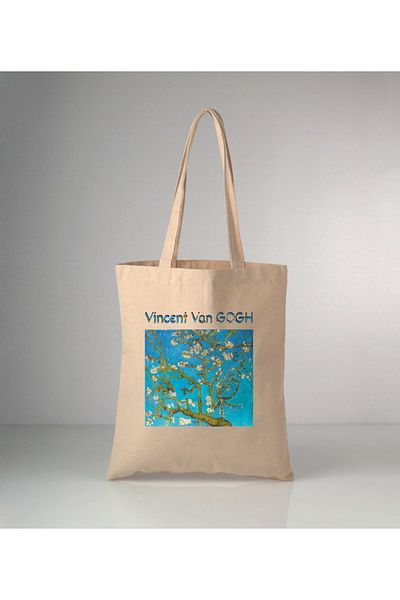 GİFTORA Van Gogh Raw Cloth Bag with Almond Flowers Print 35X40 cm