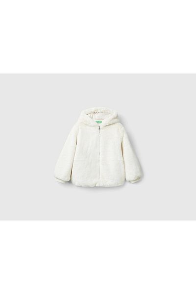 United Colors of Benetton Girl's Ecru Logo Zippered Quilted Lined Hooded Jacket