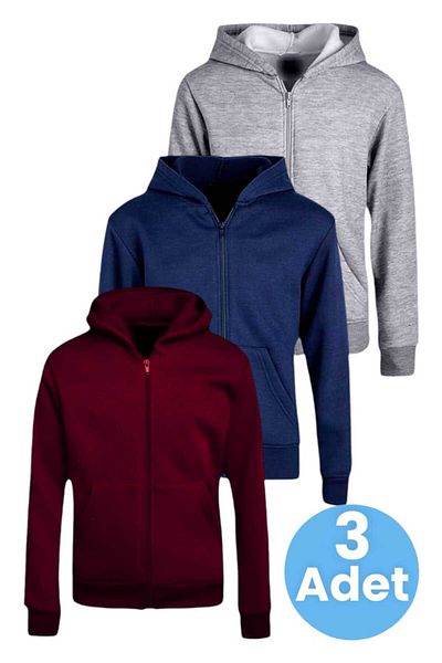 Uniquetrenders Set de 3 hanorace unisex din bumbac cu glugă și fermoar pentru copii