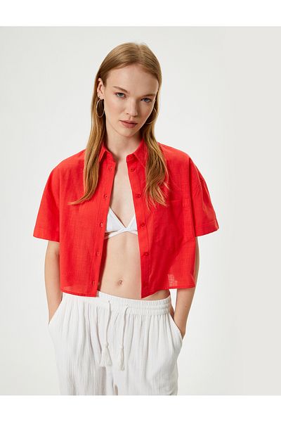 Koton Cotton Short Sleeve Shirt - Classic Collar with Pocket Detail