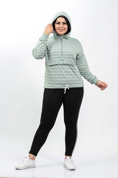 Şans Women's Large Size Green Hooded Sweatshirt with Front Zipper and Waist Tie Detail 65n29093