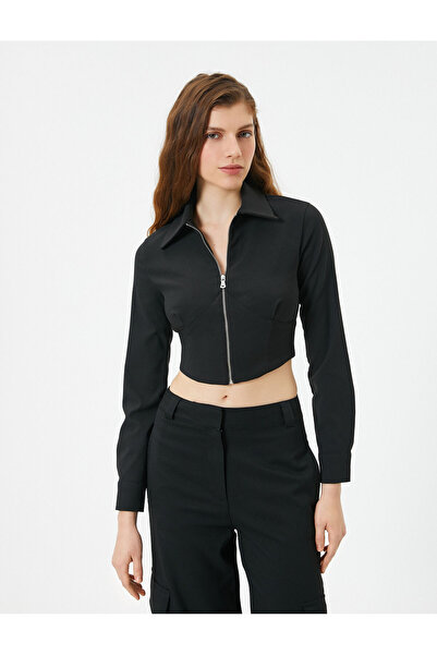 Koton Crop μπλούζα με φερμουάρ, μακρυμάνικη λεπτή εφαρμογή και λεπτομέρεια ραφής