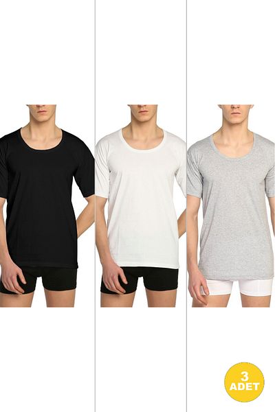 CENNETOĞLU Men's Wide Collar Combed Cotton Undershirt 3 Pack