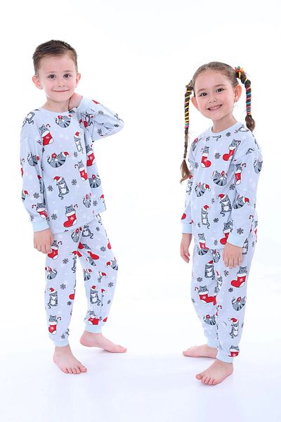 İsobel Kids Girl and Boy Unisex Model New Year Themed Cat Jersey Fabric Pajama Set