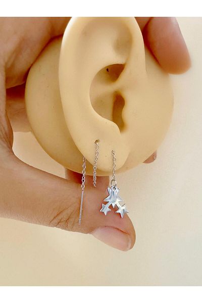 Arescollection 1 Pcs Surgical Steel Double Hole Chain Earring