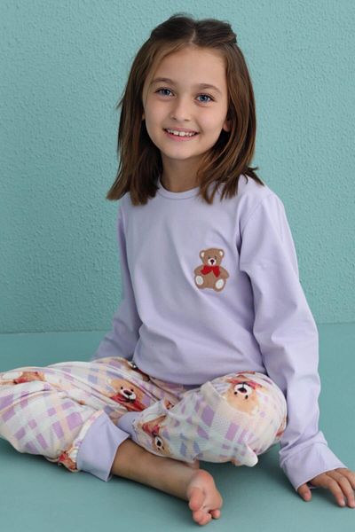 Pijamaevi Set de pijamale pentru fete din bumbac cu mânecă lungă cu model urs liliac