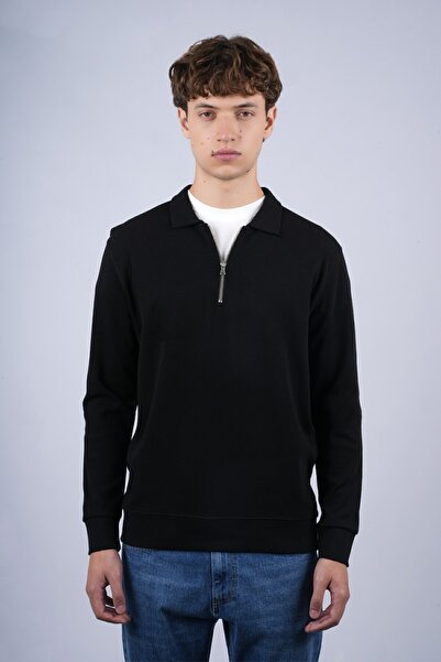 SPORTUEL Μαύρο ανδρικό φούτερ με φερμουάρ J Waffle - 6530 Js