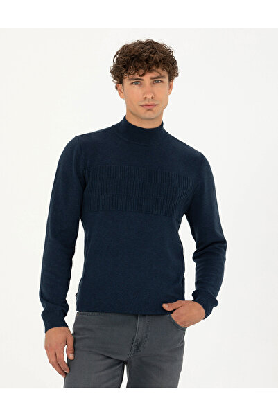Pierre Cardin Navy Blue Melange Slim Fit Half Turtleneck Sweater 50281846-Vr120