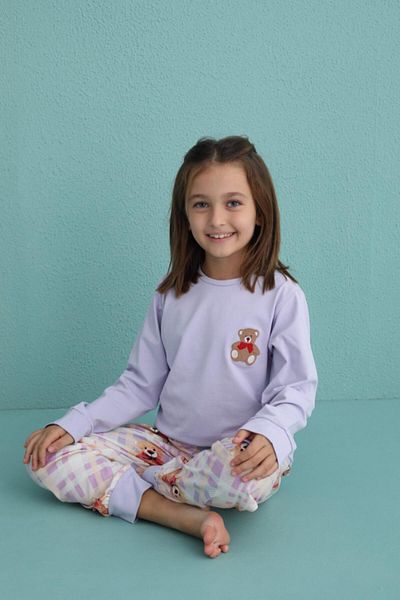 Pijamaevi Set de pijamale pentru fete din bumbac cu mânecă lungă cu model urs liliac