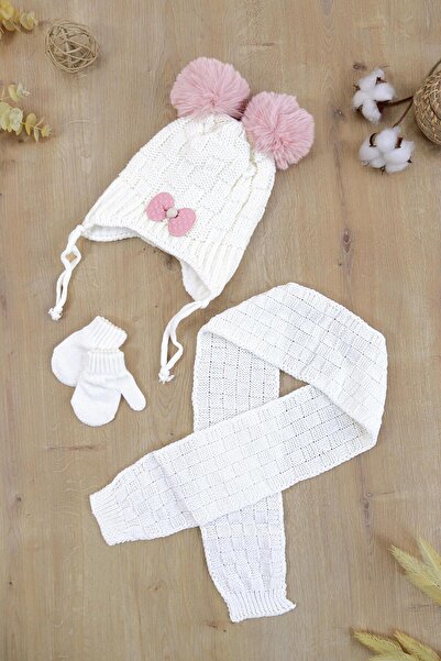 Sitilin Kız Bebek Ponponlu Atkı & Bere & Eldiven Takımı 0-4 Yaş STL6834