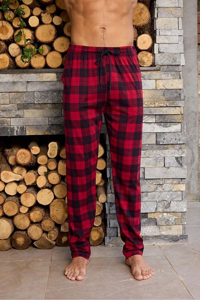 Pimody Men's Burgundy Plaid Pattern Woven Single Pajama Bottom