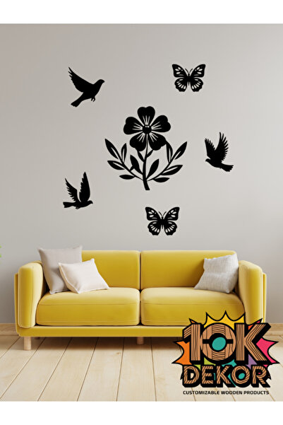 10kdekor Ahşap Tablo Dekoratif Duvar Süsü Çiçek Kelebek ve Kuş Temalı Ev ve O...