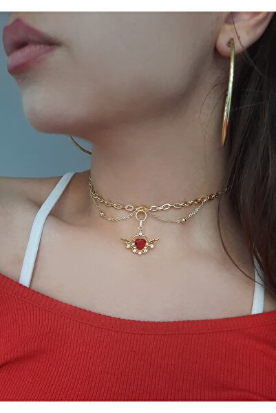 Cey's fashion Kırmızı Kalpli Kolye Altın Kaplama Kalpli Choker Tasma Kolye