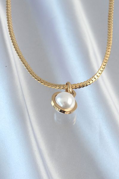 Skygo 316L Steel Gold Color Flat Chain Pearl Rhinestone Necklace - Tj-Bko8903
