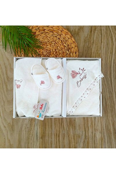 bebe kervanı Kız Bebek Krem %100 Pamuklu Çiçek İşlemeli Bornoz Takımı BBK937