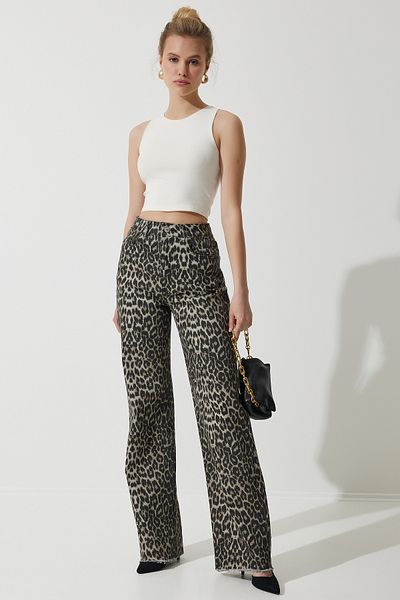 Lovelyİstanbul Blugi Palazzo negru bej cu model leopard - LVC0002