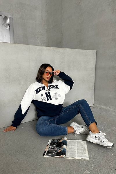 Neşeli Butik Navy Blue Zip-Up New York Sweat Women - Nbg050