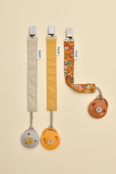 e&f Store Cotton Certified 3 Piece Pacifier strap set - Beige, Mustard Yellow, Floral - Baby Chain
