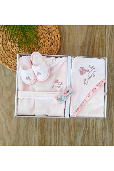 bebe kervanı Kız Bebek Pembe %100 Pamuklu Çiçek İşlemeli Bornoz Takımı BBK938
