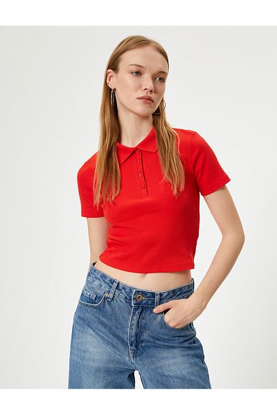 Koton Polo Neck Crop T-Shirt - Slim Fit, Buttoned, Short Sleeve