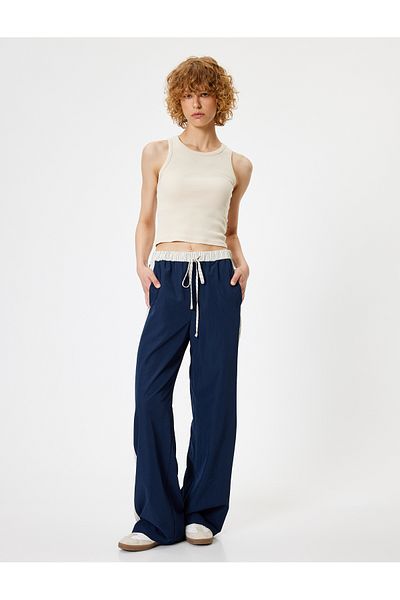 Koton Wide Leg Parachute Trousers with Waist Laces - Pocket Detail
