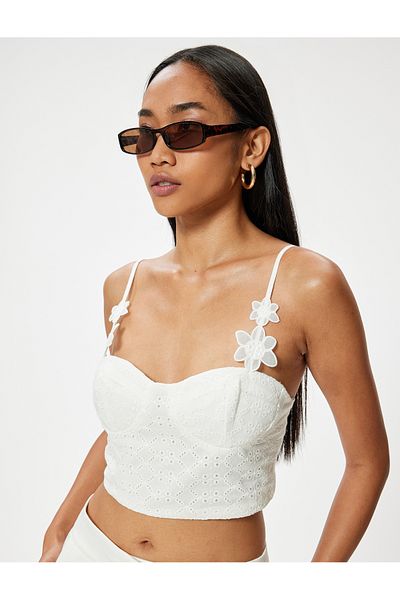Koton Srdíčkový límec tenký pásek Crop Bustier - květinová nášivka s detaily