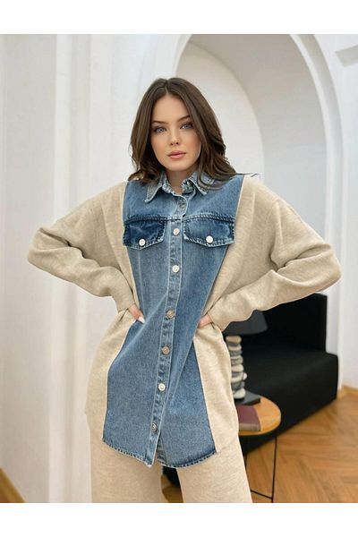 Cardella Premium Denim Detailed Oversize Knitwear Set - Buttoned Jacket and Trousers