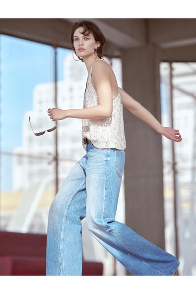Koton Gerade Jeans mit weitem Bein und niedriger Taille aus Baumwolle mit Taschen - Lockere gerade Jeans