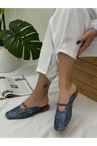ERVANIN BUTİĞİ Blue Denim - Stone Detailed Women's Slippers (Boris)