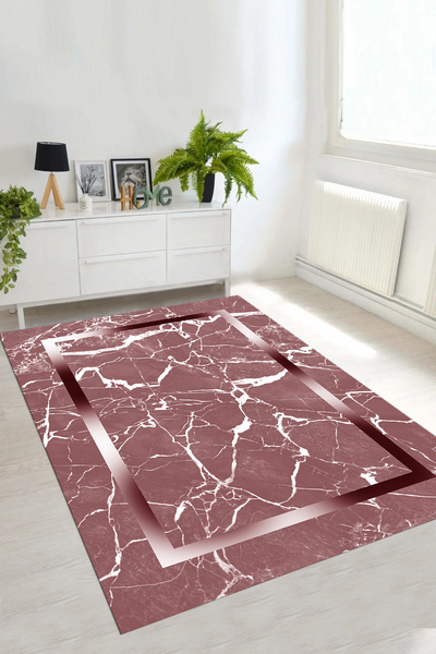 Viyana Home Dijital Kaymaz Taban Mermer Çerçeveli Modern Yıkanabilir Yolluk M...