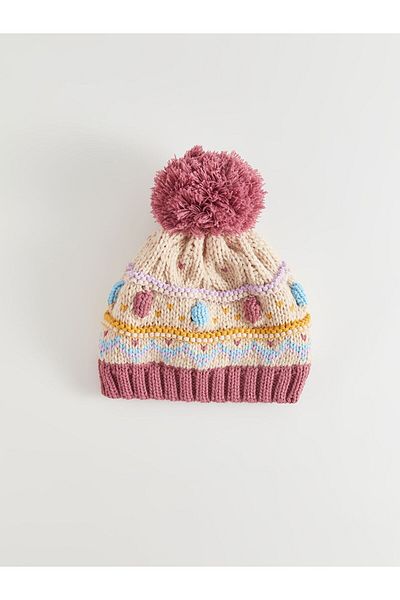 LC Waikiki Standardowy wzorzysty pomponowy beret dla dziewczynki